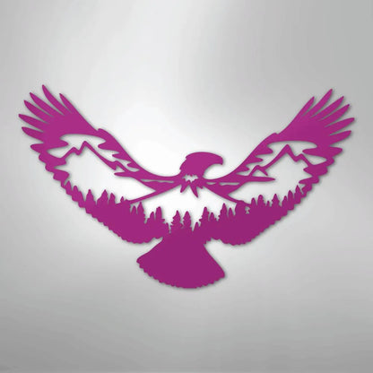 Magenta metal wall art featuring an eagle silhouette with mountains and pine trees cut into its wings.