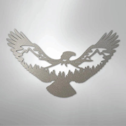 Silver metallic steel wall art featuring an eagle silhouette with mountains and pine trees.