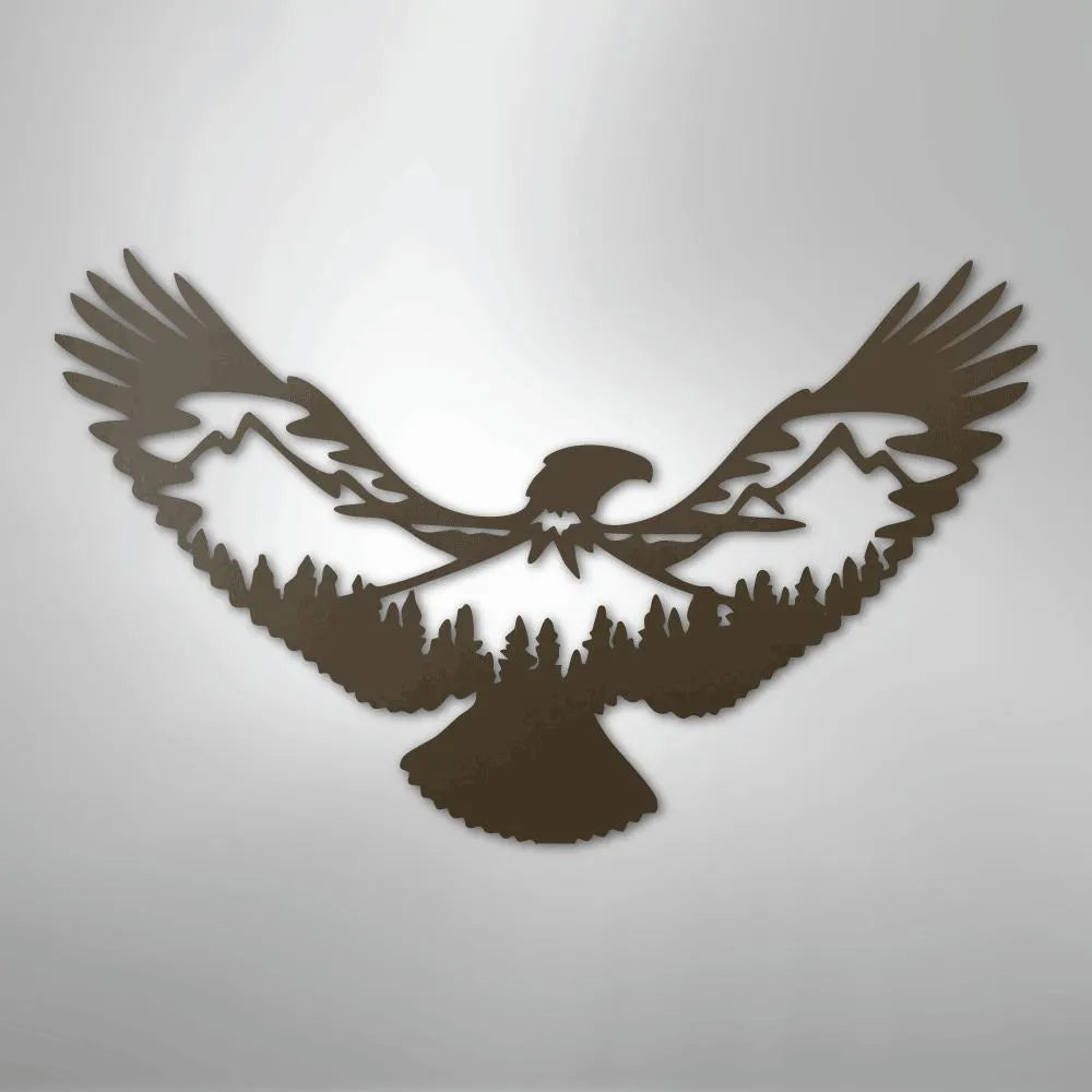 Brown metal wall art of an eagle with mountains and pine trees forming its wings and body.