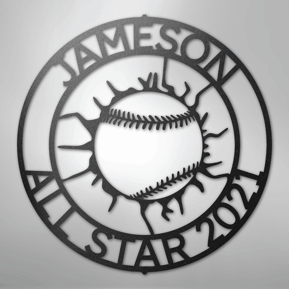 Black metal baseball monogram wall art with "JAMESON ALL STAR 2021" text.