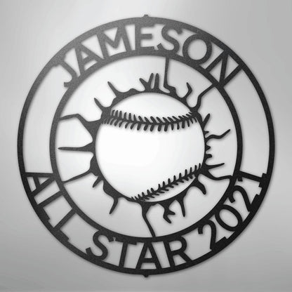 Black metal baseball monogram wall art with "JAMESON ALL STAR 2021" text.
