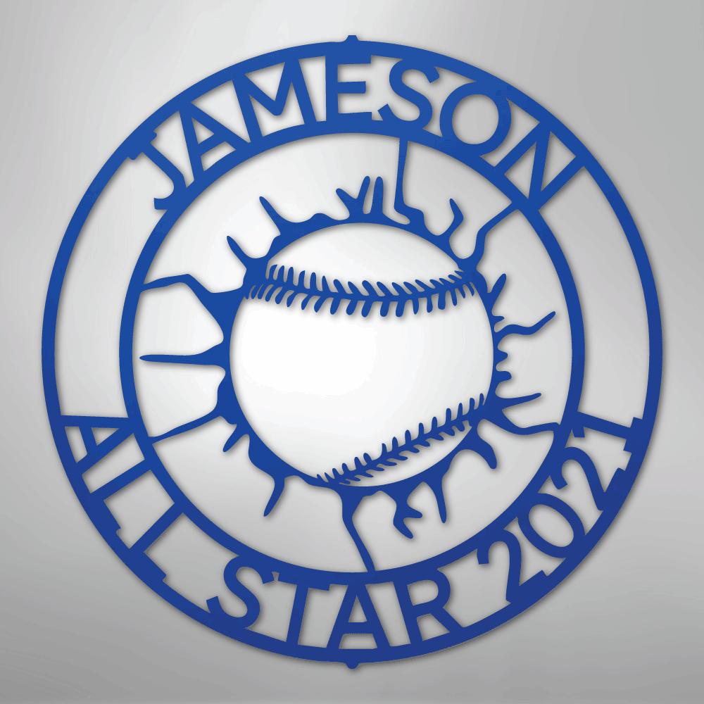 Blue metal baseball monogram wall art with "JAMESON ALL STAR 2021" text.