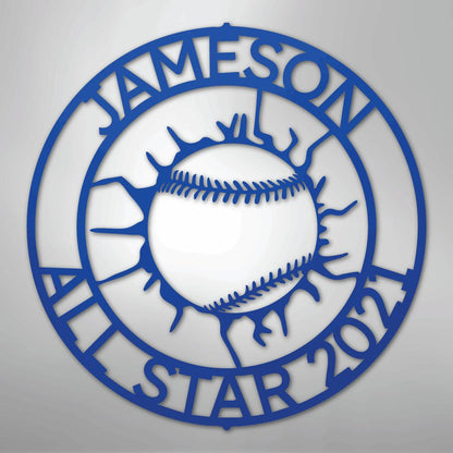 Blue metal baseball monogram wall art with "JAMESON ALL STAR 2021" text.