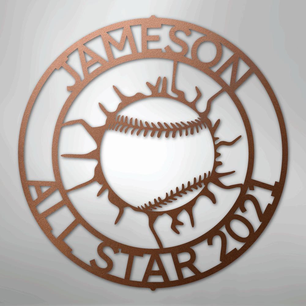 Copper metal baseball monogram wall art with "JAMESON ALL STAR 2021" text.