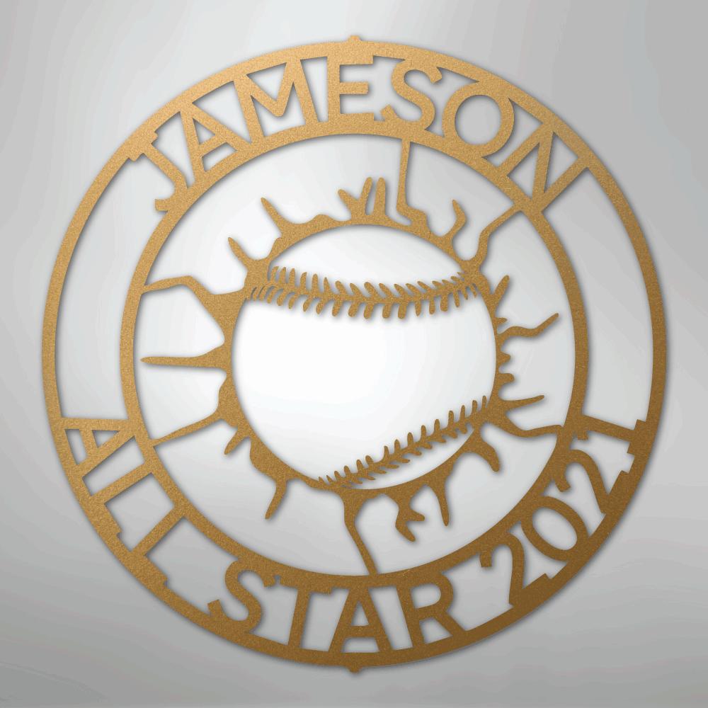 Gold metal baseball monogram wall art with "JAMESON ALL STAR 2021" text.