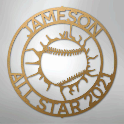 Gold metal baseball monogram wall art with "JAMESON ALL STAR 2021" text.