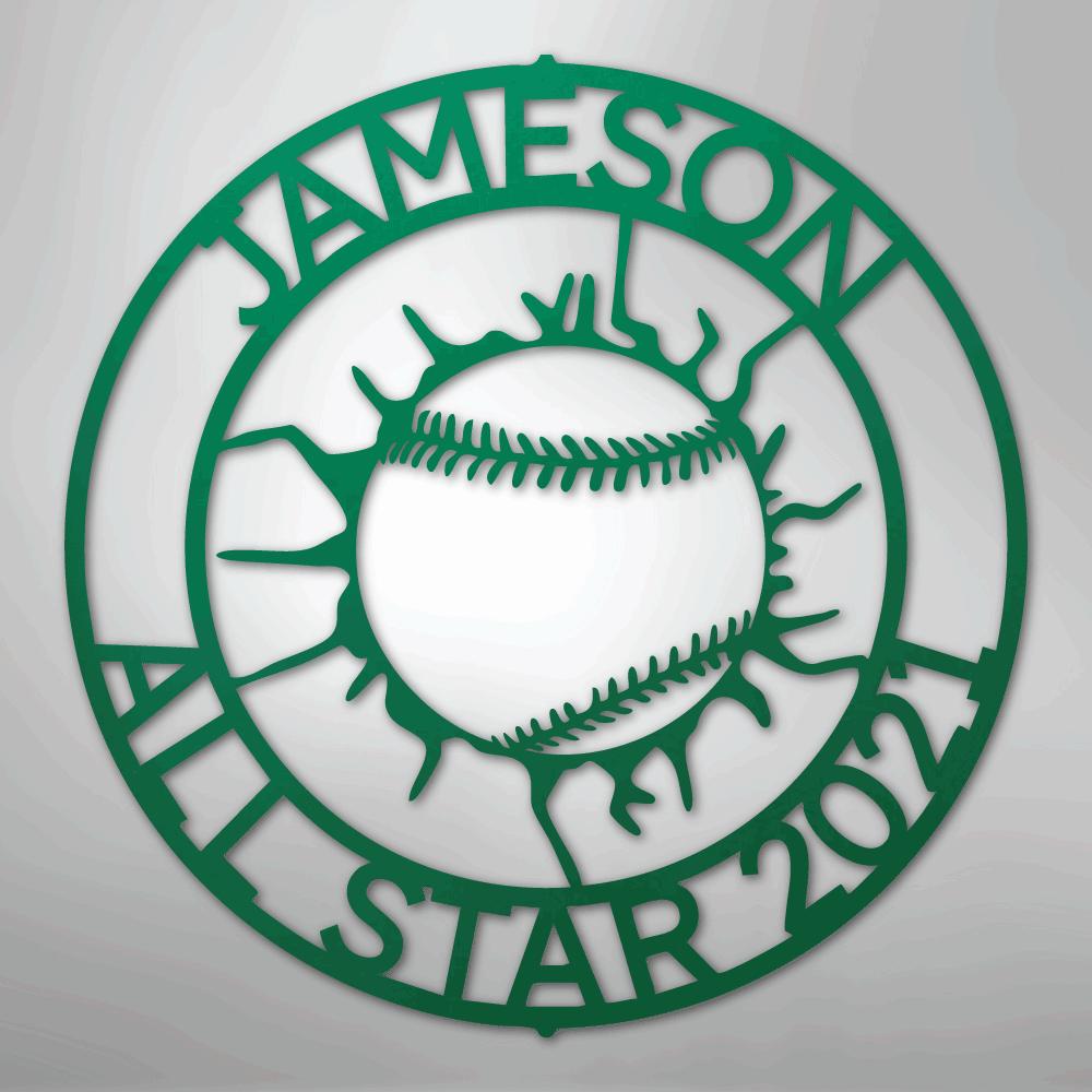 Green metal baseball monogram wall art with "JAMESON ALL STAR 2021" text.