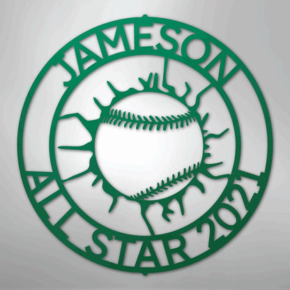 Green metal baseball monogram wall art with "JAMESON ALL STAR 2021" text.