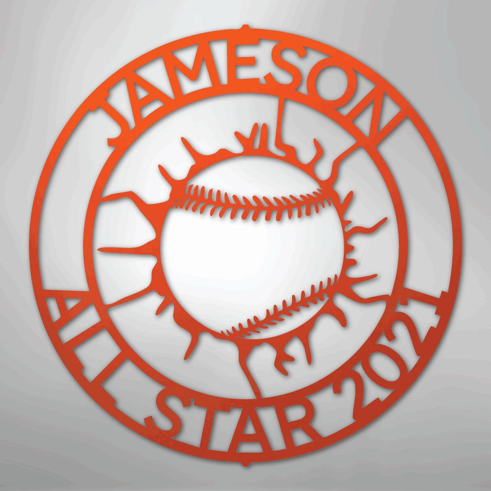 Orange metal baseball monogram wall art with "JAMESON ALL STAR 2021" text.