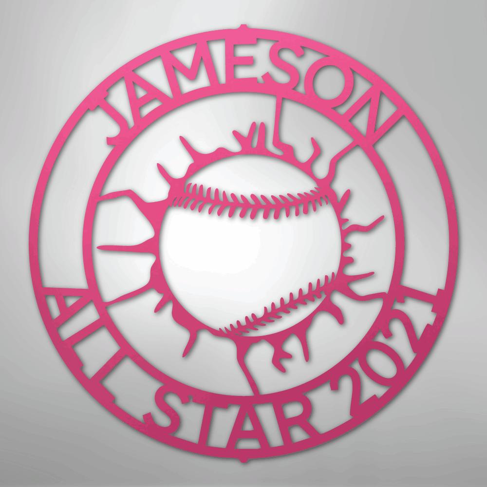 Pink metal baseball monogram with "JAMESON ALL STAR 2021" text and a baseball design.