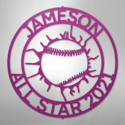 Pink metal baseball monogram wall art with "JAMESON ALL STAR 2021" text.