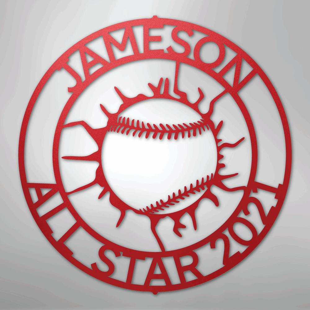 Red metal baseball monogram wall art with "JAMESON ALL STAR 2021" text.