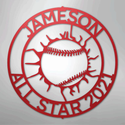 Red metal baseball monogram wall art with "JAMESON ALL STAR 2021" text.