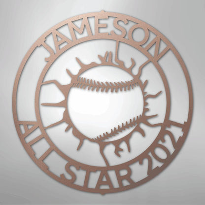 Rose gold metal baseball monogram wall art with "JAMESON ALL STAR 2024" text.