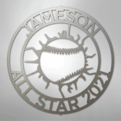 Silver metal baseball monogram wall art with "JAMESON ALL STAR 2024" text.