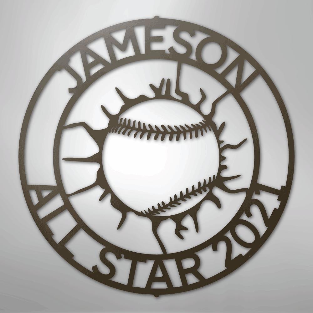 Custom brown metal baseball monogram wall art with "JAMESON ALL STAR 2021" text.