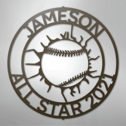 Custom brown metal baseball monogram wall art with "JAMESON ALL STAR 2021" text.
