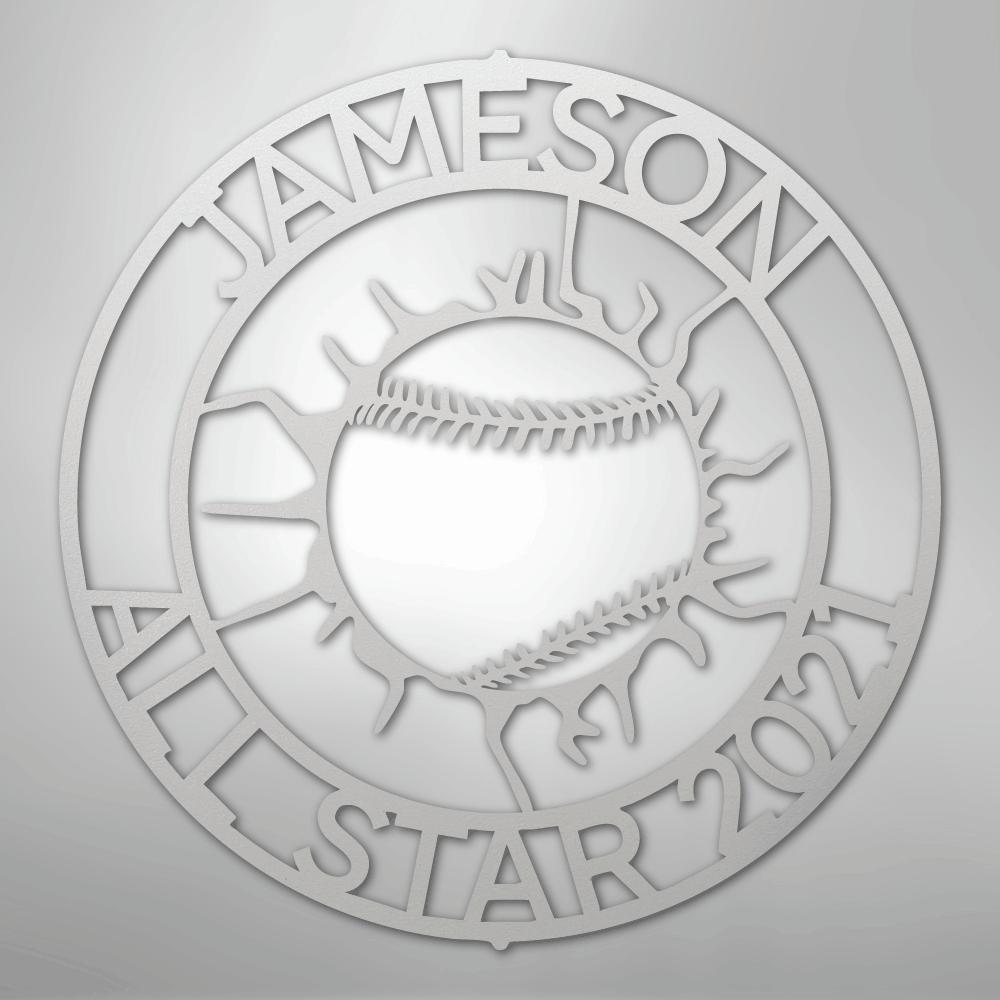 Silver metal baseball monogram wall art with "JAMESON ALL STAR 2021" text.