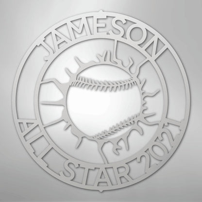 Silver metal baseball monogram wall art with "JAMESON ALL STAR 2021" text.