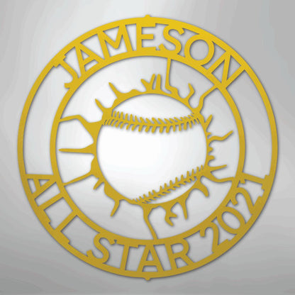 Gold metal baseball monogram wall art with "JAMESON ALL STAR 2024" text.
