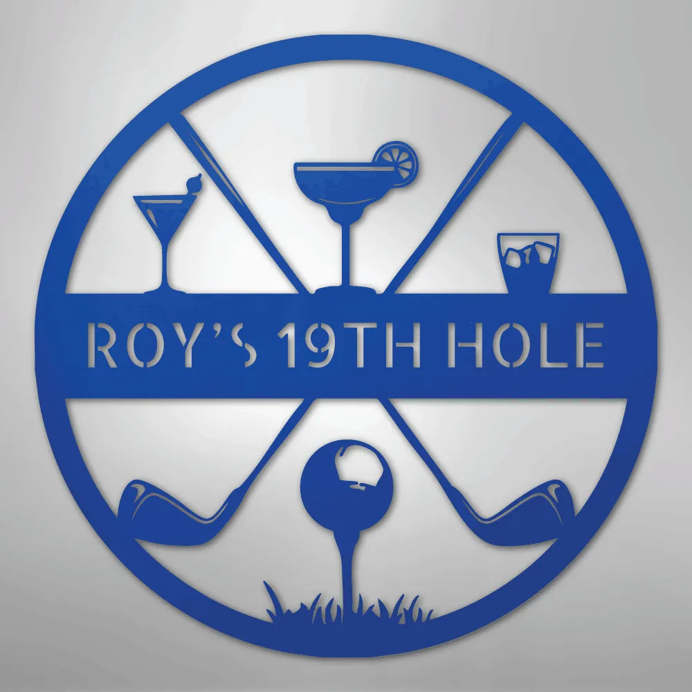 Blue metal "ROY'S 19TH HOLE" monogram sign with golf clubs, ball, and cocktail designs.