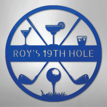 Blue metal "ROY'S 19TH HOLE" monogram sign with golf clubs, ball, and cocktail designs.