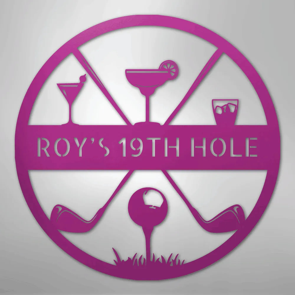 Pink metal "ROY'S 19TH HOLE" monogram sign with golf clubs, ball, and cocktail glasses.