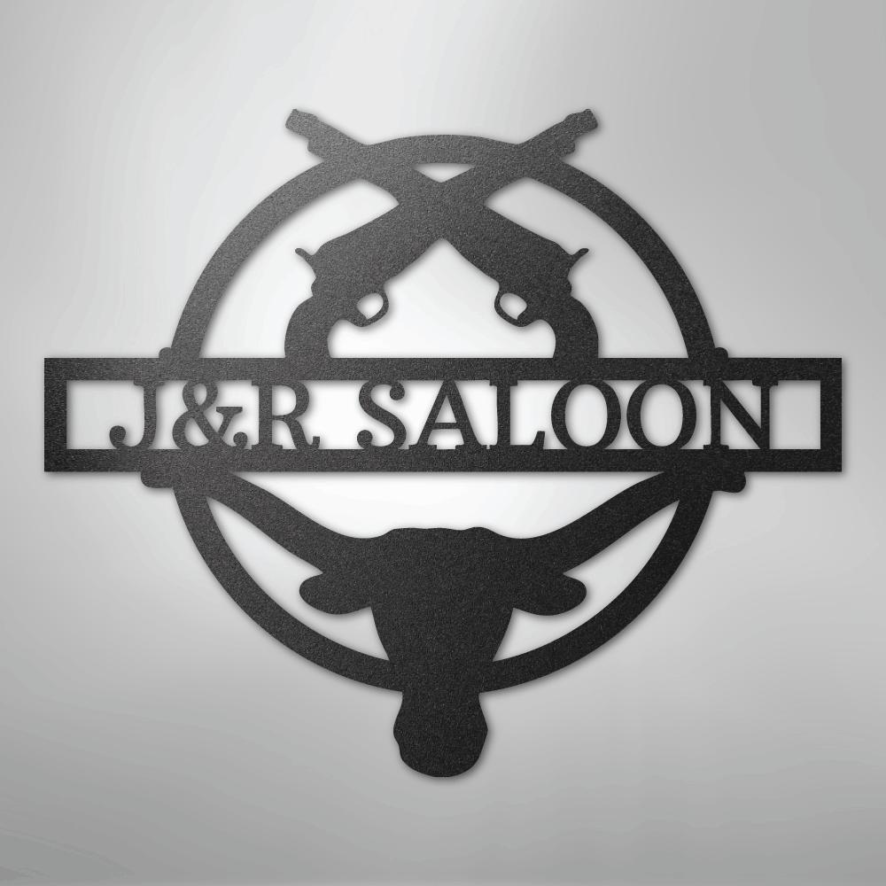 Black metal "J&R SALOON" monogram with crossed pistols and a longhorn skull design.