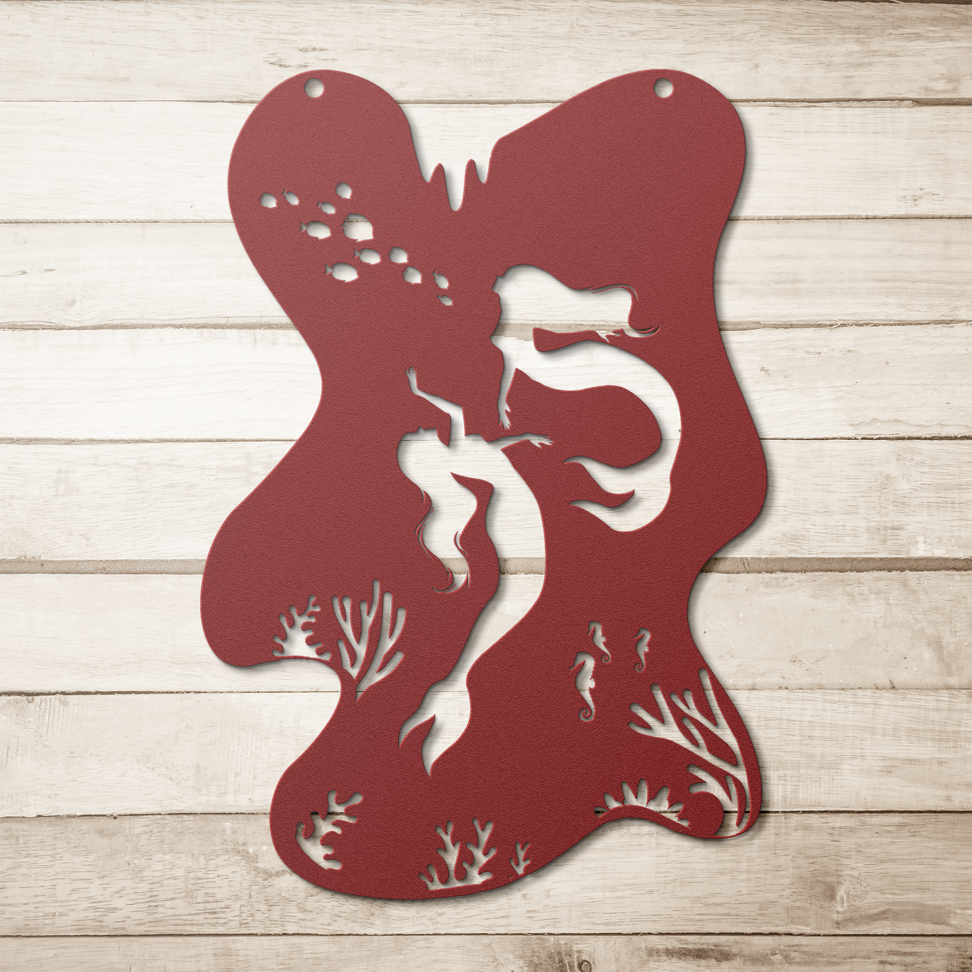 Mermaid_Dreams_Metal_Wall_Art_Red_Simple_Wood_BKGD_Mockup.png