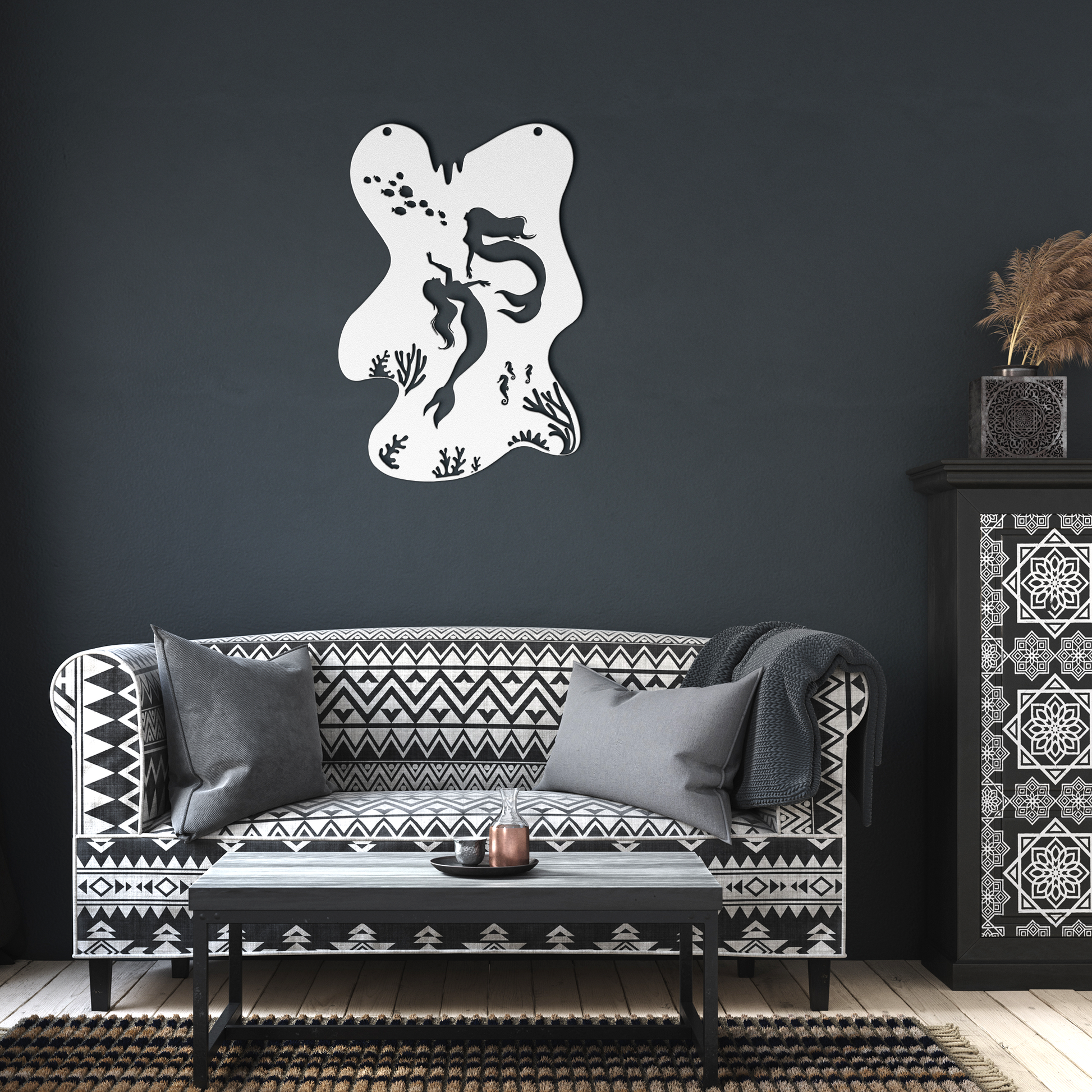 Mermaid_Dreams_Metal_Wall_Art_White_Dark_Living_Room_Mockup.png