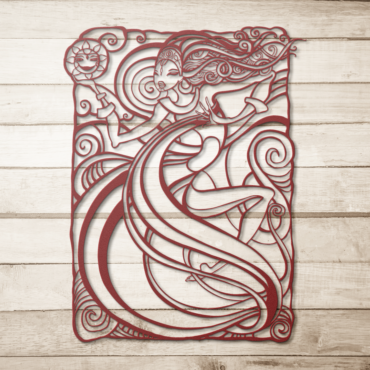 Personalized_Elegant_Mermaid_Metal_Wall__Red_Simple_Wood_BKGD_Mockup.png