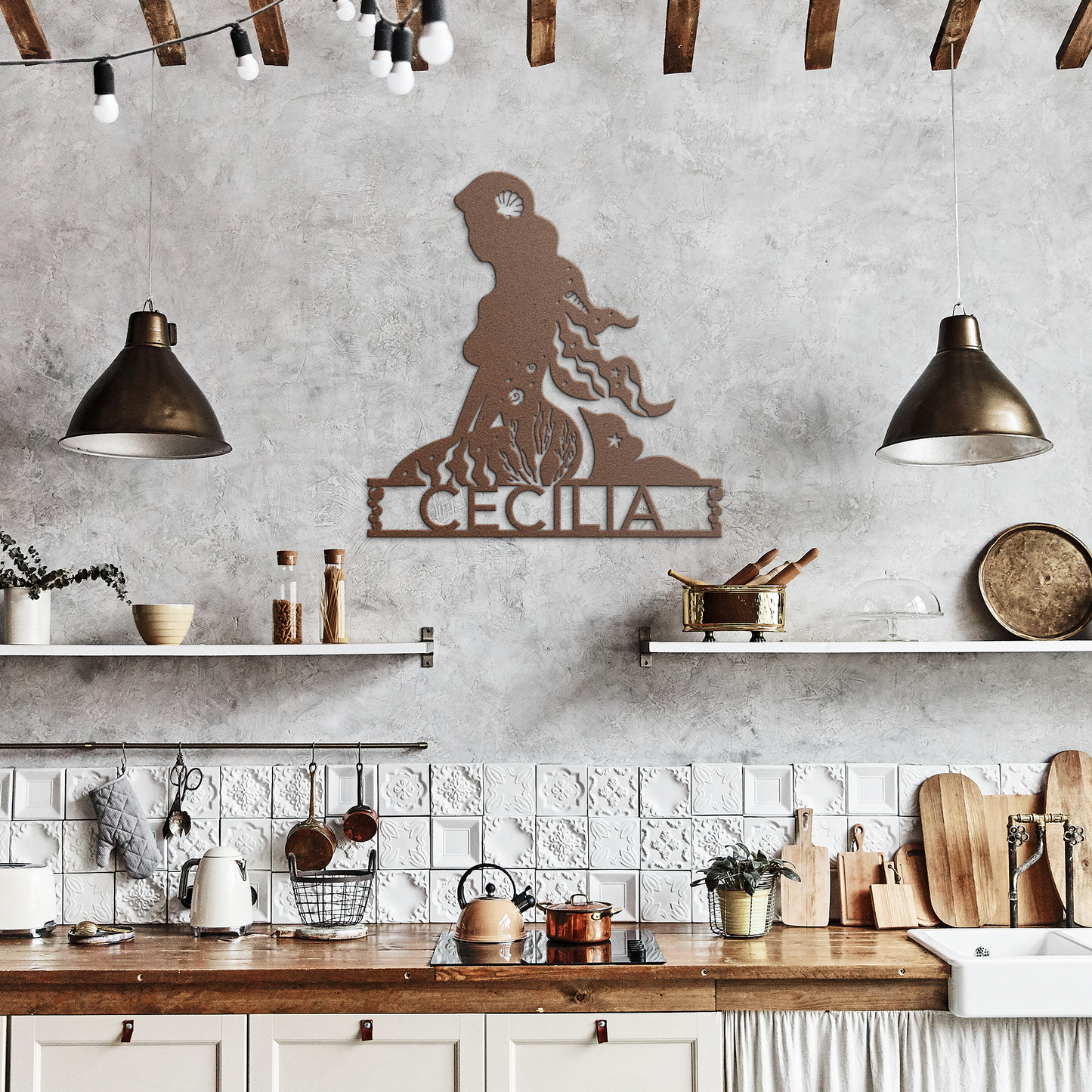 Personalized_Mermaid_Metal_Wall_Art_Copper_Rustic_Kitchen_Mockup.png