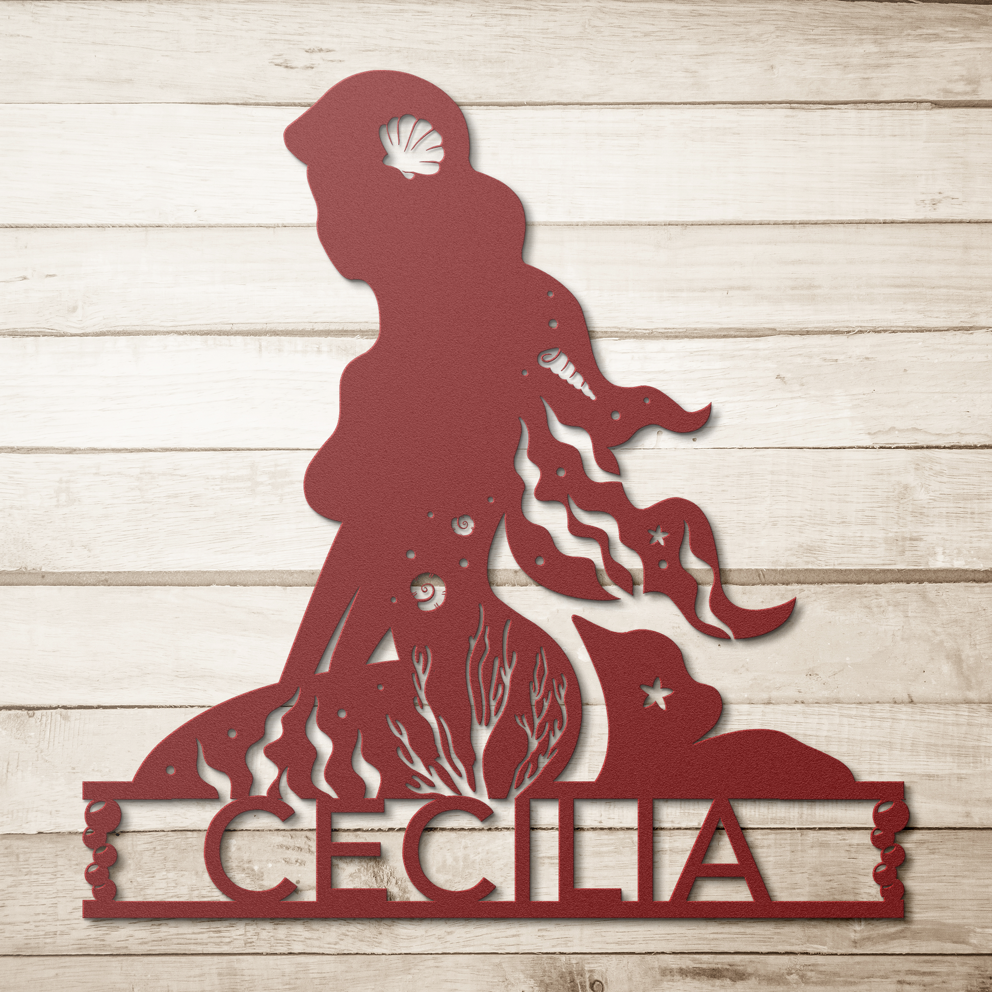 Personalized_Mermaid_Metal_Wall_Art_Red_Simple_Wood_BKGD_Mockup.png