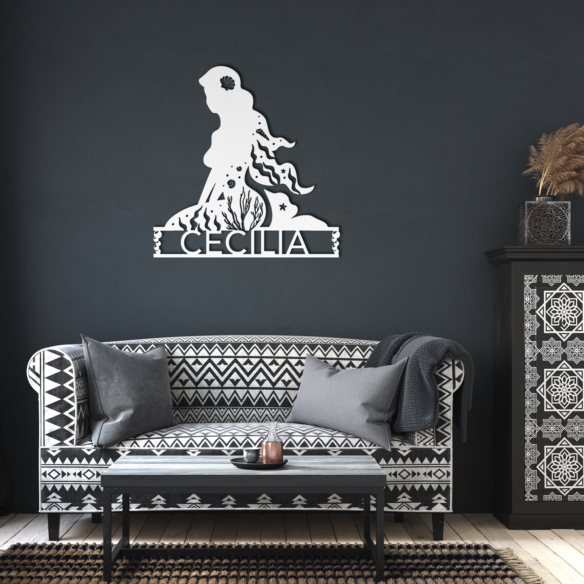 Personalized_Mermaid_Metal_Wall_Art_White_Dark_Living_Room_Mockup.png