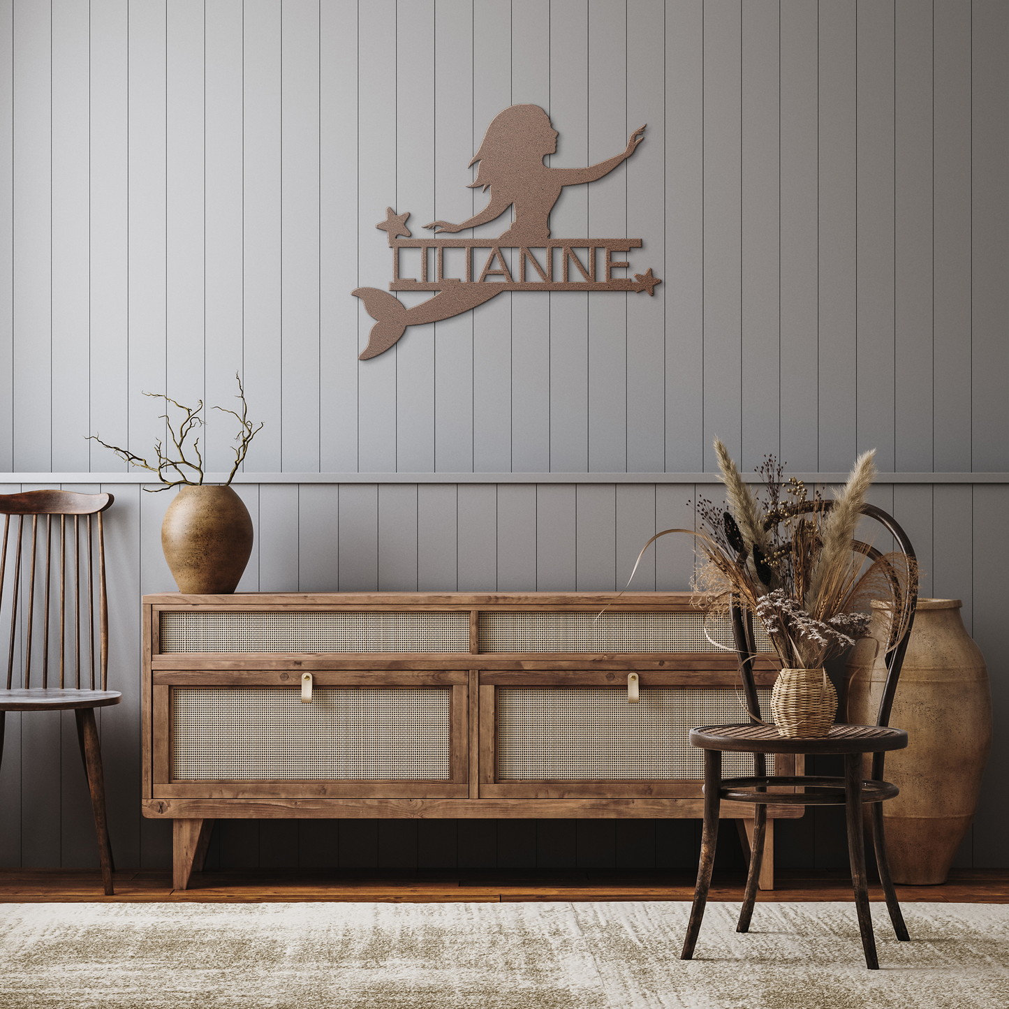 Personalized_Mermaid__Stars_Metal_Wall__Copper_Rustic_Hallway_Mockup.png