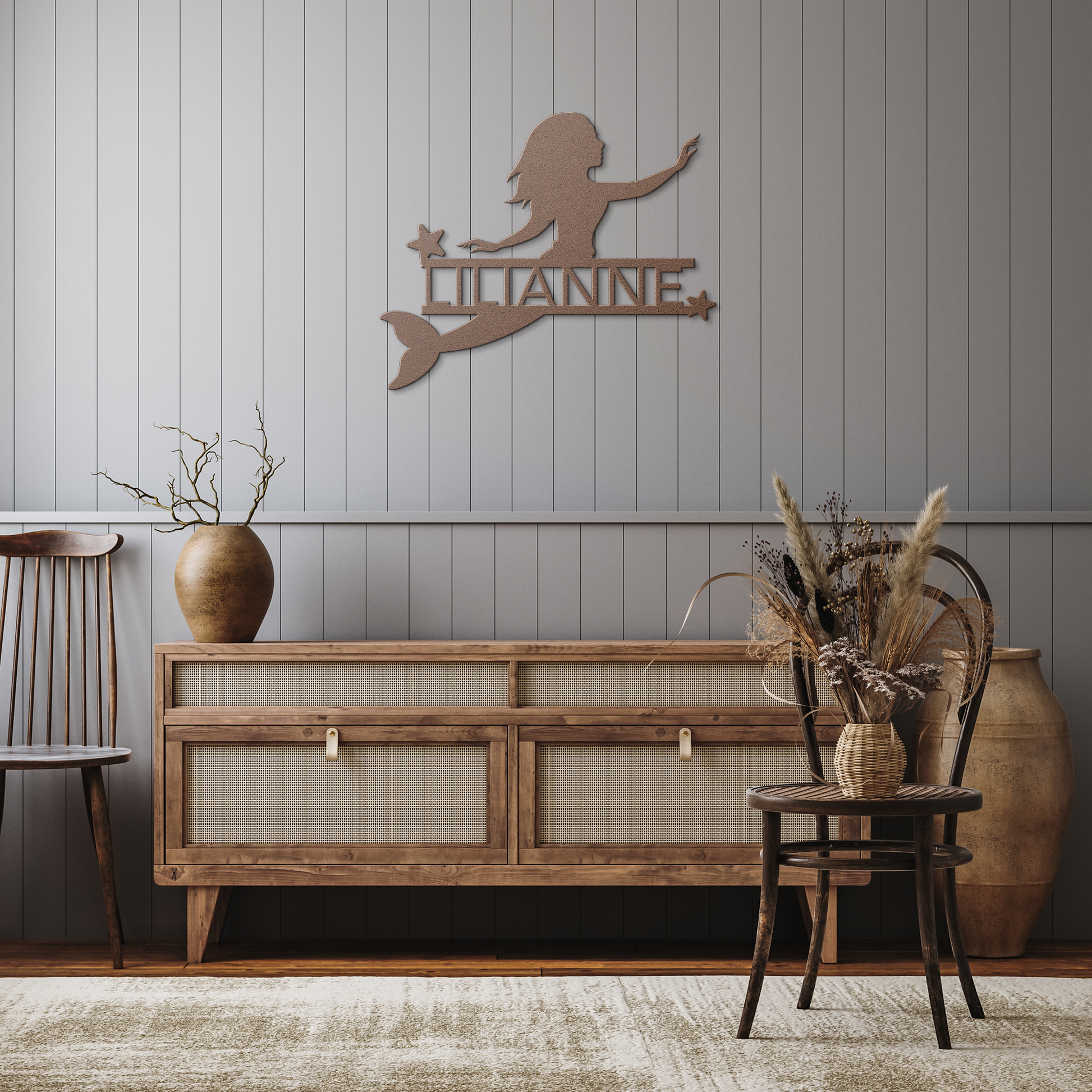 Personalized_Mermaid__Stars_Metal_Wall__Copper_Rustic_Hallway_Mockup.png