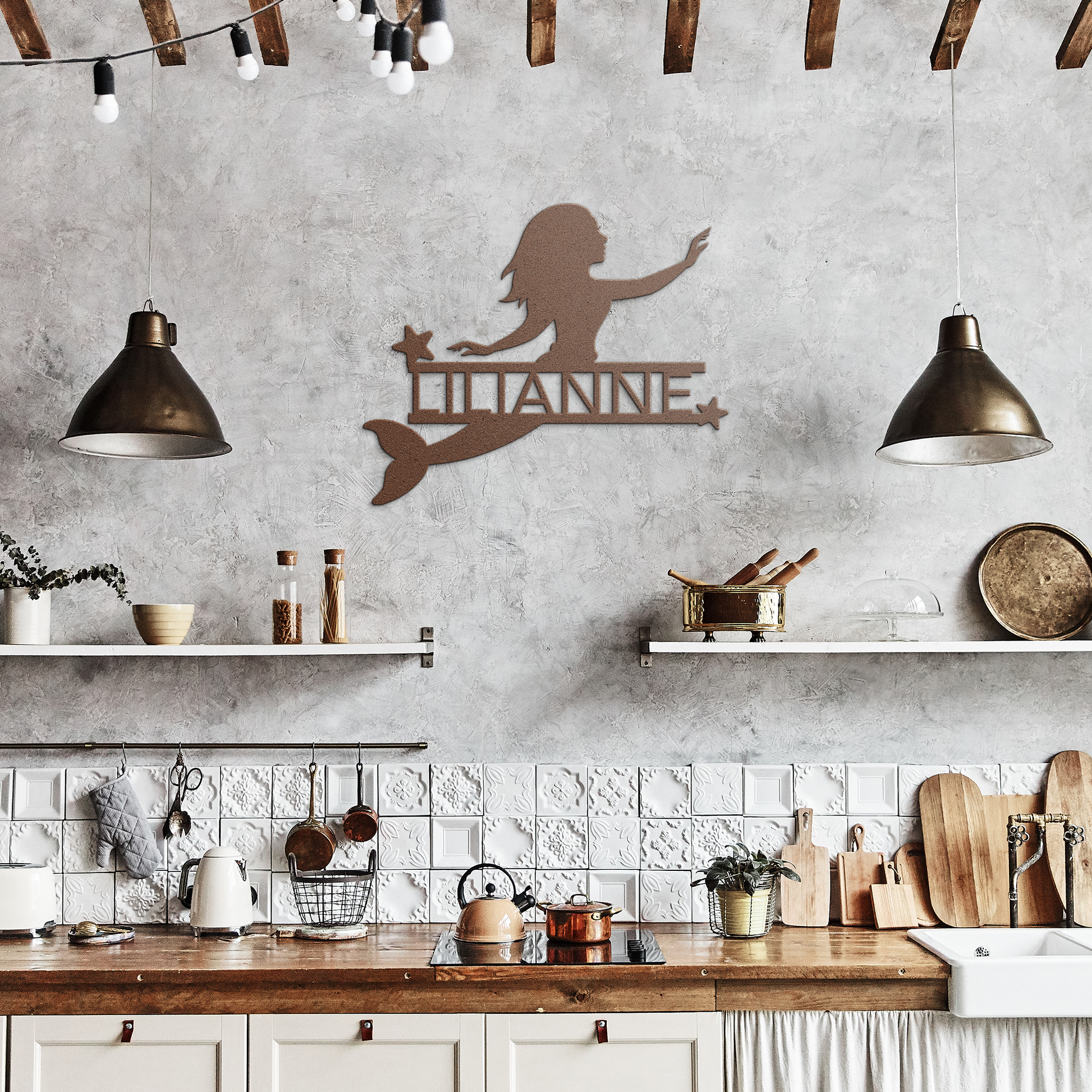 Personalized_Mermaid__Stars_Metal_Wall__Copper_Rustic_Kitchen_Mockup.png
