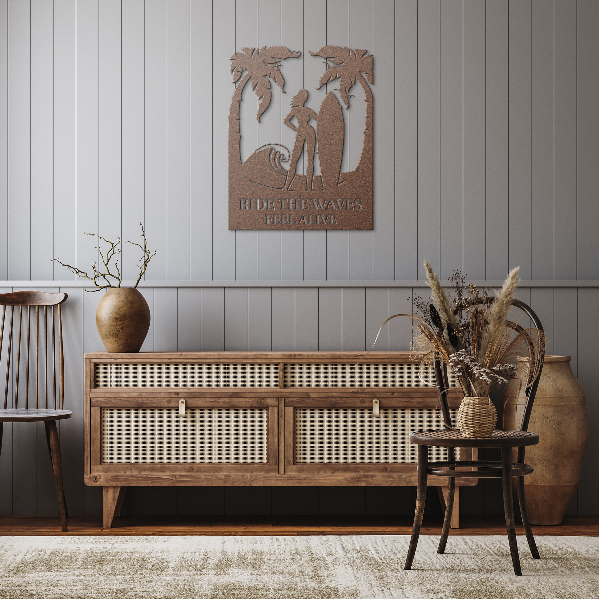 Ride_the_Waves_Feel_Alive_Metal_Wall_Art_Copper_Rustic_Hallway_Mockup.png