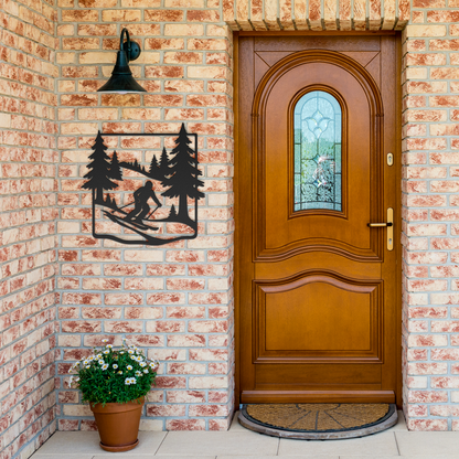 Skier_in_Pine_Forest_Metal_Wall_Art_Black_Brick_Entrance_Mockup.png