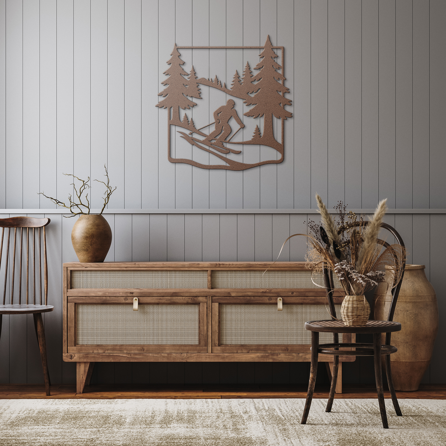 Skier_in_Pine_Forest_Metal_Wall_Art_Copper_Rustic_Hallway_Mockup.png