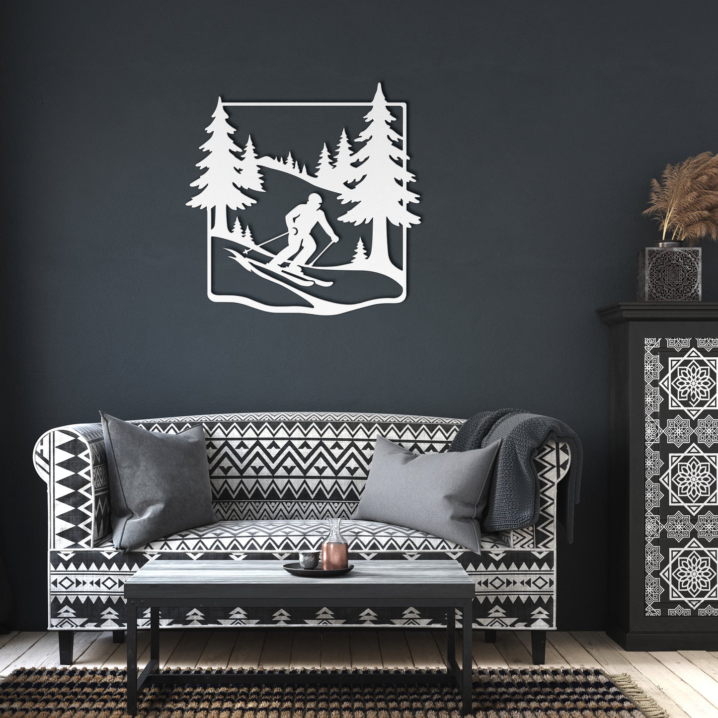 Skier_in_Pine_Forest_Metal_Wall_Art_White_Dark_Living_Room_Mockup.png