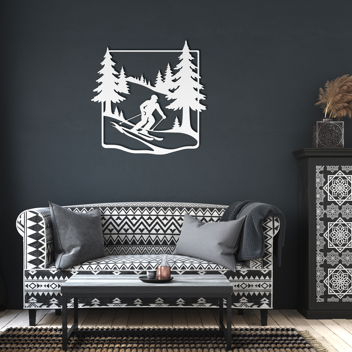 Skier_in_Pine_Forest_Metal_Wall_Art_White_Dark_Living_Room_Mockup.png