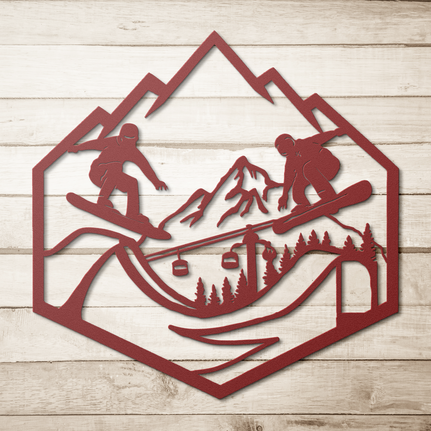 Snowboard_Jumpers_Metal_Wall_Art_Red_Simple_Wood_BKGD_Mockup.png