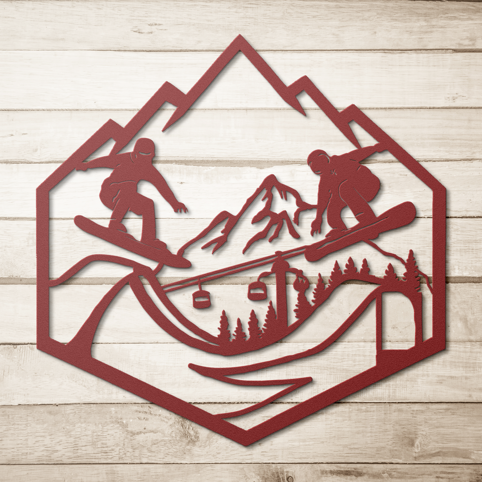 Snowboard_Jumpers_Metal_Wall_Art_Red_Simple_Wood_BKGD_Mockup.png