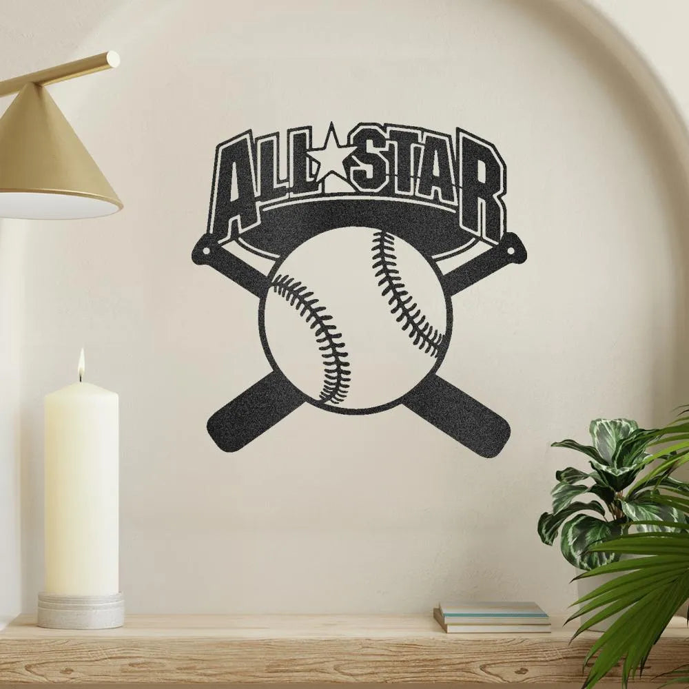 Black metal "ALL STAR" baseball and crossed bats wall art on a light wall.