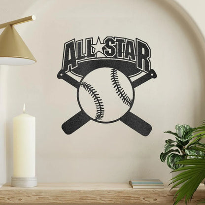 Black metal "ALL STAR" baseball and crossed bats wall art on a light wall.