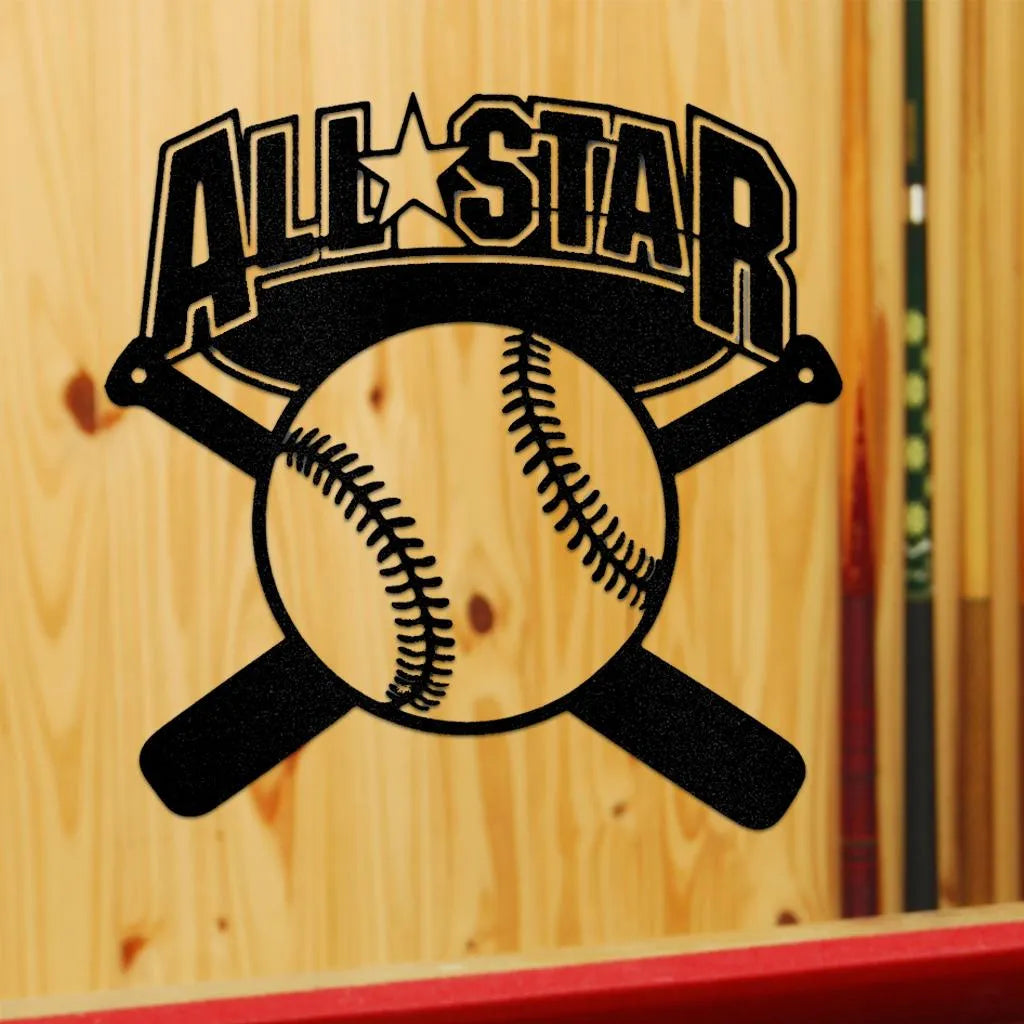 Black metal "ALL STAR" baseball sign with crossed bats and a baseball, on a wooden wall.