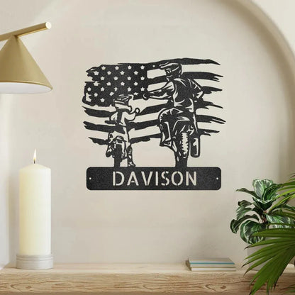 Black metal American flag motocross family monogram wall art with "DAVISON" name.