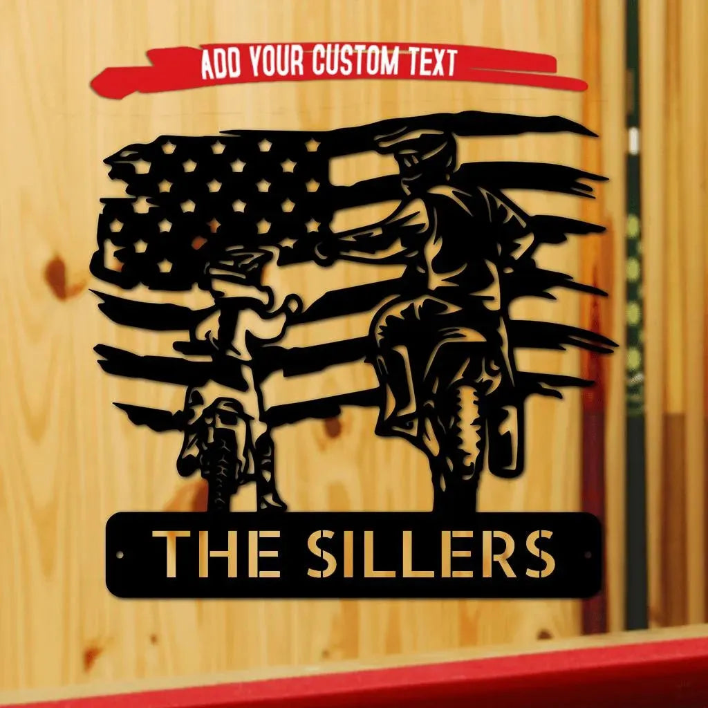 Black metal American flag motocross family monogram with "THE SILLERS" custom text.