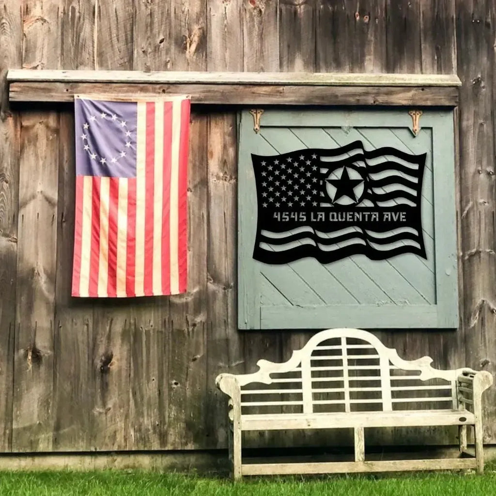 American flag and personalized fffarrm Army address sign on a wooden wall with a bench in front